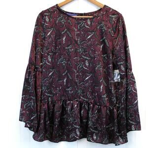 NEW Simply Styled Womens M Satin Ruffle Blouse Bell Sleeve‎ Potent Purple Leaf